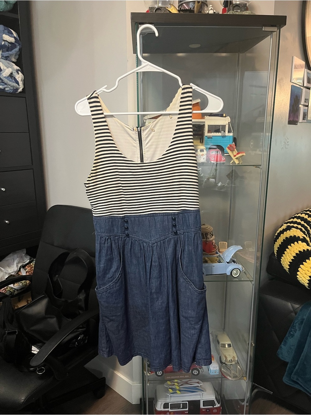 Striped Tank Top with Denim Skirt Dress - Black & White Stripes, Blue Denim